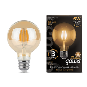 Лампа светодиодная Black LED Filament G95 E27 6W Golden 550lm 2400K | 105802006 | Gauss