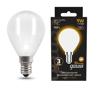 Лампа светодиодная Filament Шар 9W 590lm 3000К Е14 milky LED 1/10/50 | 105201109 | Gauss