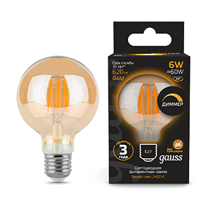 Лампа светодиодная Filament G95 6W 620lm 2400К Е27 golden диммируемая | 105802006-D | Gauss