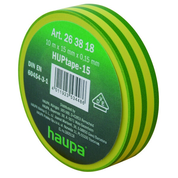 Изолента ПВХ, цвет желто-зеленый, шир. 15мм, длина 20 м, d 74 мм | 263840 | Haupa