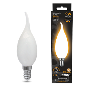 Лампа светодиодная Filament Свеча на ветру 9W 590lm 3000К Е14 milky LED 1/10/50 | 104201109 | Gauss