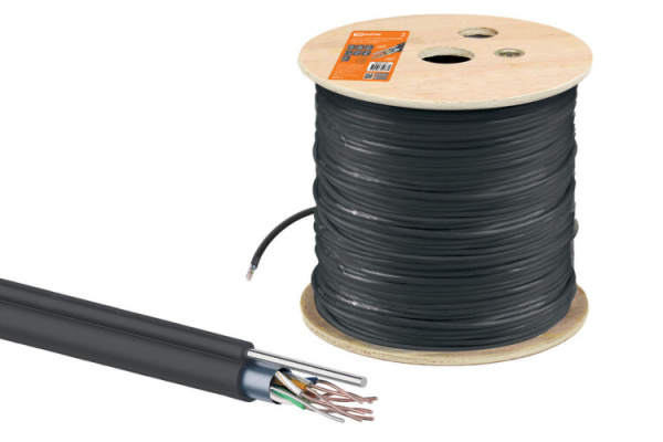 Кабель витая пара F/UTP Cat 5e 4х2х24AWG (305м) solid, PE для наружн. прокл., чёрный, трос 1,2мм | SQ0107-0108 | TDM