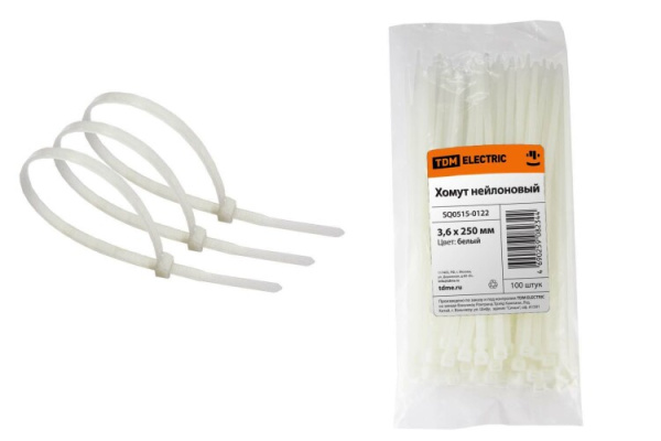 Хомут 3,6х250мм нейлон (белый) (100шт) | SQ0515-0122 | TDM