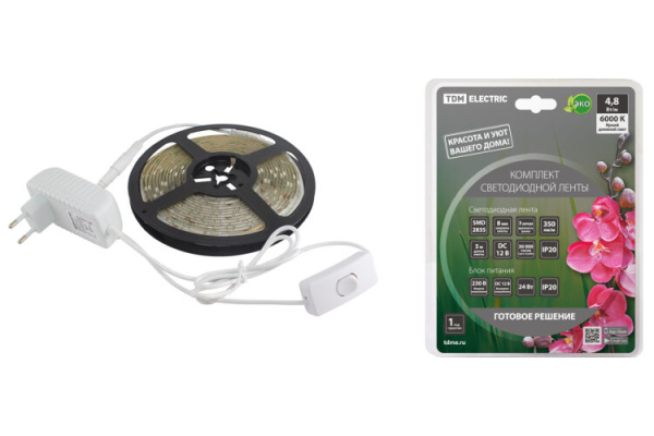 Комплект светодиодной ленты SMD2835-60 LED/м-12 В-4,8 Вт/м-IP20-6000 К (5 м), 24 Вт  | SQ0331-0223 | TDM