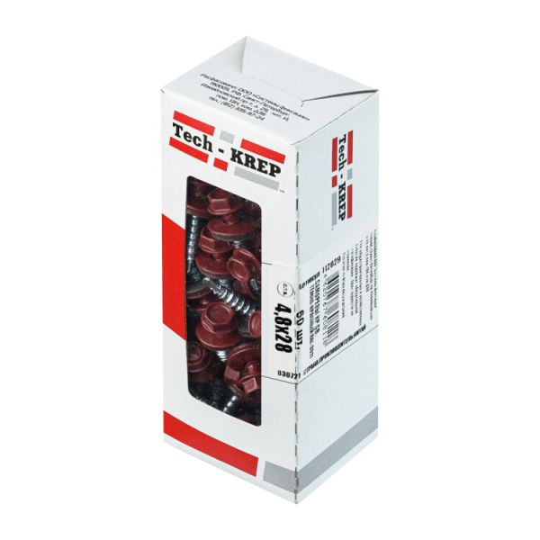 Саморез КР св. 4,8х28 RAL-3011 (тёмно-красный) (60 шт) - коробка с окном ( 0,32 кг) | 112029 | Tech-KREP