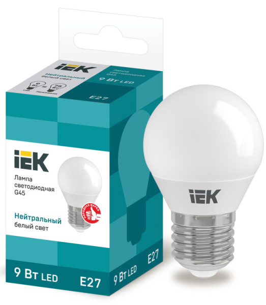Лампа светодиодная LED 9Вт 230В 4000К E27 шар | LLE-G45-9-230-40-E27 | IEK