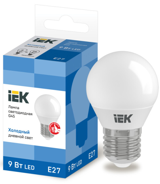 Лампа светодиодная LED 9Вт 230В 6500К E27 шар | LLE-G45-9-230-65-E27 | IEK