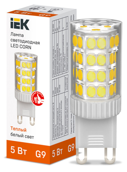 Лампа светодиодная CORN капсула 5Вт 230В 3000К керамика G9 IEK | LLE-CORN-5-230-30-G9 | IEK
