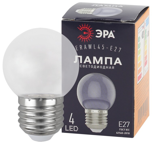Лампы cветодиодные ERAWL45-E27 LED P45-1W-Е27 (диод. шар, прозр., 4SMD, 1W, E27, для белт-лайт) (10/100/6000) | Б0049572 | ЭРА