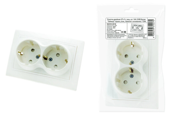 Розетка двойная 2П+З с защ. шт. 16А 250В белая "Таймыр" (пром. упак., бакелит. основание) | SQ1814-0518 | TDM