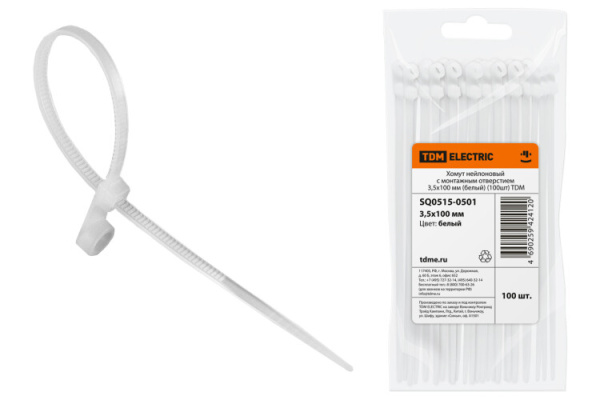 Хомут нейлоновый с монтажным отверстием 3,5х100 мм (белый) (100шт) | SQ0515-0501 | TDM