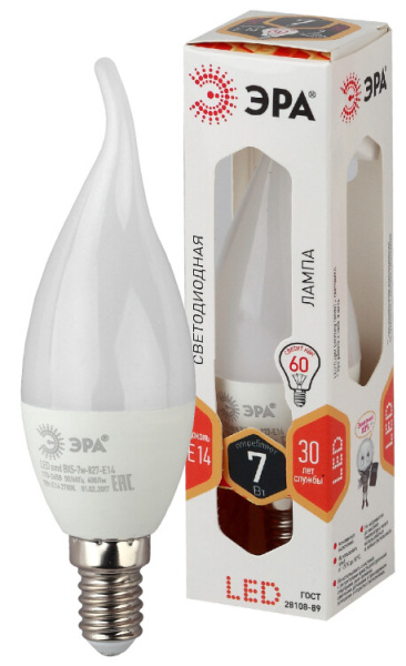 Лампа светодиодная LED BXS-7W-827-E14 Лампы СВЕТОДИОДНЫЕ СТАНДАРТ ЭРА (диод, свеча на ветру, 7Вт, тепл, E14) | Б0028482 | ЭРА