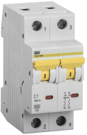 Выключатель автоматический двухполюсный ВА47-60M 2Р 1А 6кА С | MVA31-2-001-C | IEK