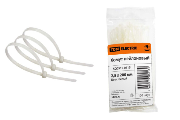 Хомут 2,5х200мм нейлон (белый) (100шт) | SQ0515-0115 | TDM
