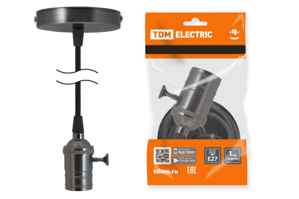 Патрон Е27 с выключателем с подвесом 1 м, металлический "Лофт", черный | SQ0335-0073 | TDM