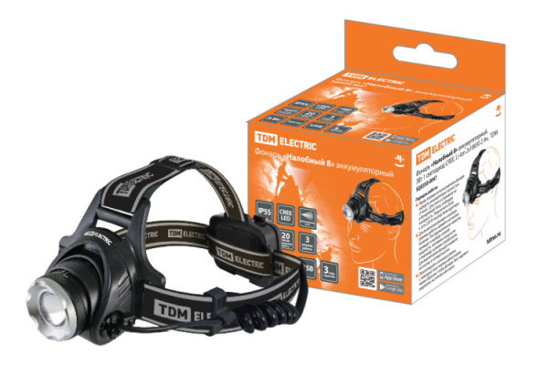 Фонарь «Налобный 8» аккумуляторный, 3Вт 1 светодиод CREE, Li-Ion 2x18650 2 Ач, | SQ0350-0047 | TDM