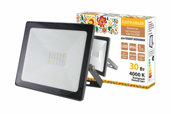 Прожектор светодиодный СДО-04-030Н 30 Вт, 4000 К, IP65, серый, Народный | SQ0336-0282 | TDM