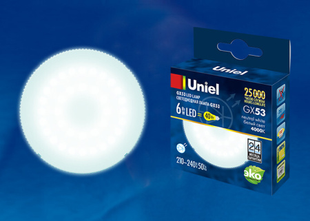 Лампа светодиодная LED-GX53-6W/NW/GX53/FR PLZ01WH LED, матовая. . | UL-00001669 | Uniel