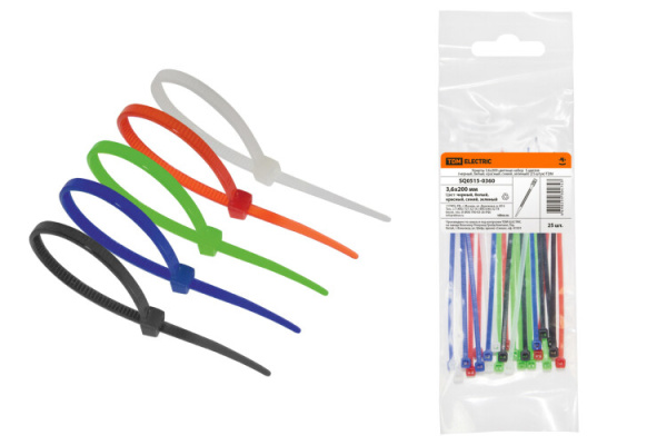 Хомуты 3,6х200 цветные набор 5 цветов (черный, белый, красный, синий, зеленый) (25 штук) | SQ0515-0360 | TDM
