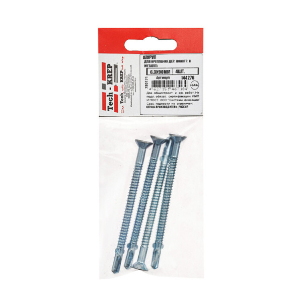 Шуруп для крепления дерева к металлу 6,3х90мм. 4шт.- пакет | 144276 | Tech-KREP