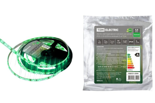 Лента светодиодная SMD2835-60 LED/м-IP20-12 В-4,8 Вт/м-зелёный (5 м) | SQ0331-0304 | TDM