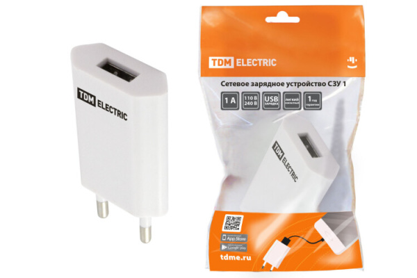 Сетевое зарядное устройство, СЗУ 1, 1 А, 1 USB, белый, | SQ1810-0001 | TDM