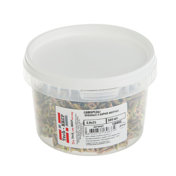 Саморезы оконные с буром 3,9х25 желтые (500 шт) - ведро мал ( 0,833 кг) | 116808 | Tech-KREP