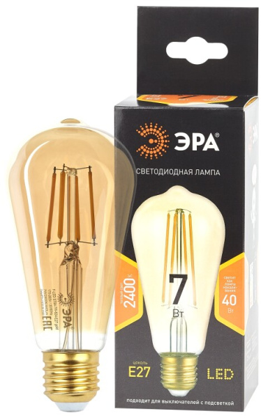 Лампа светодиодная F-LED ST64-7W-824-E27 gold (филамент, зол, 7Вт, тепл, E27) (20/960) | Б0047664 | ЭРА
