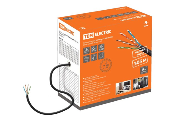 Кабель витая пара U/UTP Cat 5e 4х2х24AWG (305м) solid, PE, чёрный | SQ0107-0105 | TDM