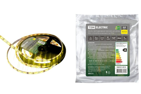 Лента светодиодная SMD2835-60 LED/м-IP65-12 В-4,8 Вт/м-желтый (5 м) | SQ0331-0314 | TDM