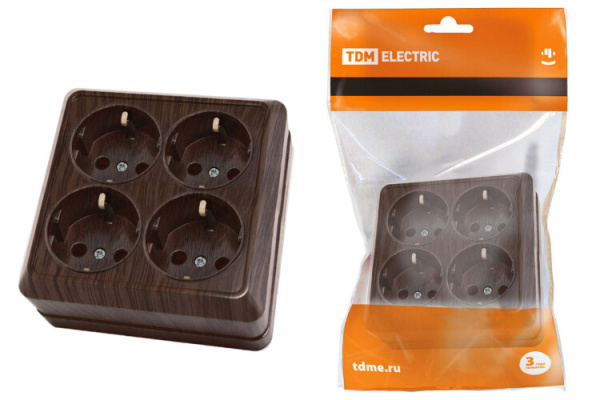 Розетка четырехместная 2П+3 открытой установки IP20 16A бук "Ладога" | SQ1801-0322 | TDM