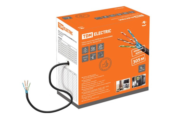 Кабель витая пара F/UTP Cat 5e 4х2х24AWG (305м) solid, PE, чёрный | SQ0107-0106 | TDM