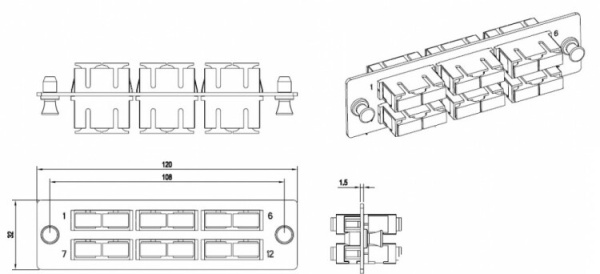 Панель FO-FPM-W120H32-6DSC-BG д. FO-19BX с 6 SC (duplex) адапт.ми,12вол.,многомод OM2,120x32мм,адап.цвета бежевый (beige) | 54207 | Hyperline