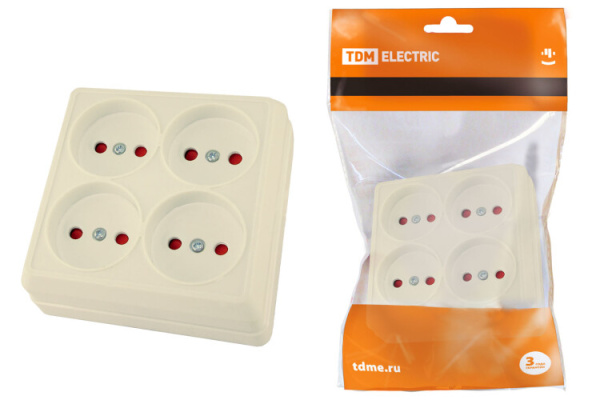 Розетка четырехместная 2П открытой установки IP20 10A с защитными шторками сл.кость "Ладога" | SQ1801-0221 | TDM