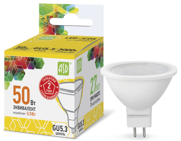 Лампа светодиодная LED-JCDR-standard 5.5Вт 230В GU5.3 3000К 495Лм | 4690612002262 | ASD