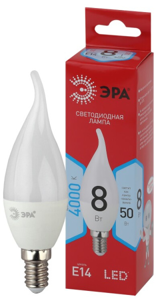 Лампа светодиодная LED BXS-8W-840-E14 R (диод, свеча на ветру, 8Вт, нейтр, E14) | Б0051848 | ЭРА