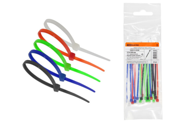 Хомуты 2,5х100 цветные набор 5 цветов (черный, белый, красный, синий, зеленый) (25 штук) | SQ0515-0358 | TDM