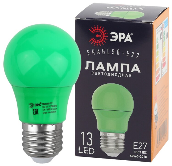 Лампы cветодиодные ERAGL50-E27 LED A50-3W-E27 (диод. груша зел., 13SMD, 3W, E27, для белт-лайт) (10/100/3600) | Б0049579 | ЭРА