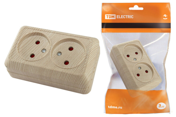 Розетка двойная 2П открытой установки с з/ш IP20 10А, сосна "Ладога" | SQ1801-0055 | TDM