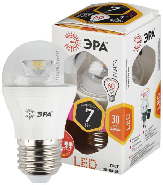 Лампа светодиодная LED P45-7W-827-E27-Clear (диод,шар,7Вт,тепл,E27) | Б0017243 | ЭРА
