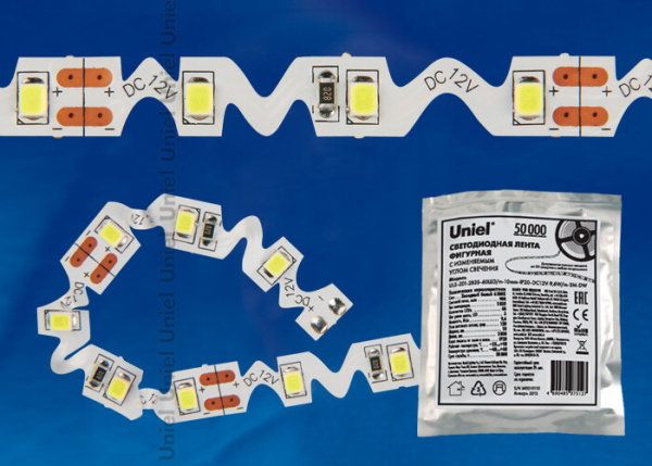 Лента светодиодная фигурная гибкая зиг-заг, 3м IP20 ULS-Z01 2835-60LED/m-8mm-IP20-DC12V-9,6W/m-3M-DW холодный белый свет | 10777 | Uniel