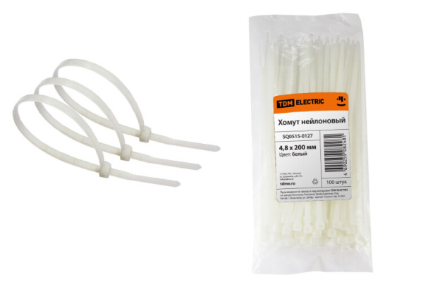 Хомут 4,8х200мм нейлон (белый) (100шт) | SQ0515-0127 | TDM