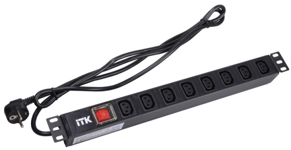 Блок розеток 19 PDU(8шт)IEC320 C13 с LED вык.алюм.проф.1U шнур 2м вилка DIN49440 | PH12-8C131 | ITK