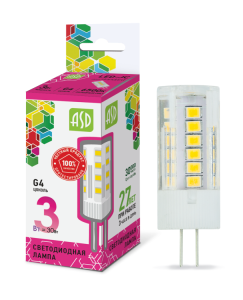 Лампа светодиодная LED-JC-standard 3Вт 12В G4 6500К 270Лм | 4690612026381 | ASD