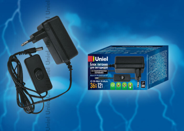 Блок питания для светодиодов с вилкой UET-VPA-036A20 36 Вт, 12В, IP20 | 06315 | Uniel