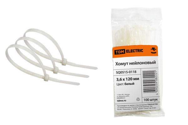 Хомут 3,6х120мм нейлон (белый) (100шт) | SQ0515-0118 | TDM