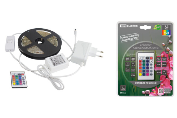 Комплект светодиодной ленты SMD5050-30 LED/м-12 В-7,2 Вт/м-IP20-RGB (3 м), 18 Вт, IR-контроллер | SQ0331-0227 | TDM