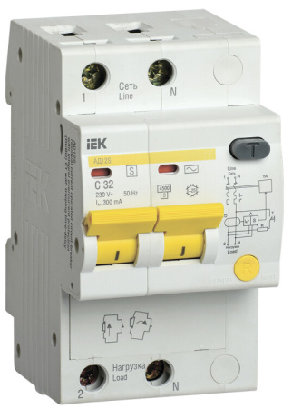 Выключатель автоматический дифференциального тока АД12S 2п 32А C 300мА тип AC (3 мод) | MAD13-2-032-C-300 | IEK
