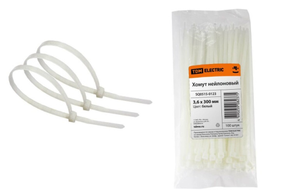 Хомут 3,6х300мм нейлон (белый) (100шт) | SQ0515-0123 | TDM