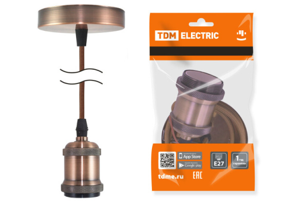 Патрон Е27 с подвесом 1 м, металлический "Лофт", медь | SQ0335-0072 | TDM